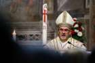 Cardinal Pierbattista Pizzaballa, patriarch of Jerusalem, delivers his homily while celebrating Mass in Rome to formally take possession of his titular church, the Church of St. Onuphrius on the Janiculum, May 1, 2024.