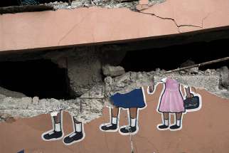 A portion of a destroyed Catholic school is seen Oct. 10 after an Oct. 6 earthquake in Gros Morne, Haiti.