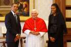 U.S. president Barack Obama and first lady Michelle Obama is expected to welcome Pope Francis to the White House on Sept. 23. They are pictured here with former pope Benedict XVI on July 10, 2009 at the Vatican.