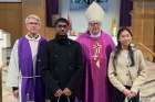 Kevin Theivendran and Angela Li with Fr. Luis Melo and Bishop John Boissonneau at the awards  ceremony at St. Luke’s Church in Thornhill.