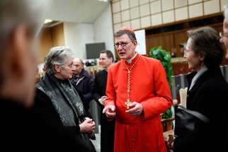 Cardinal Rainer Maria Woelki of Germany receives guests in the Paul VI hall at the Vatican on February 18, 2012.