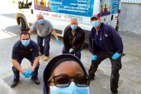 School custodians and board maintenance staff with the Durham Catholic District School Board gathered up PPE supplies to deliver to Lakeridge Health.