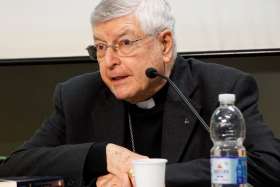 Cardinal Gianfranco Ghirlanda speaks to reporters at the Vatican Feb. 20, 2023, about the release of a two-volume book on the theology of the priesthood and the need to promote a better understanding of priesthood in a &quot;synodal&quot; church.