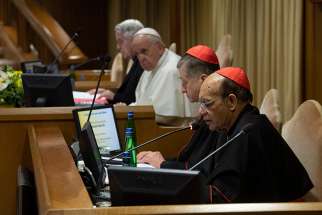 Pope Francis, Cardinal Blase J. Cupich of Chicago and Cardinal Oswald Gracias of Mumbai, India, attend the second day of the meeting on the protection of minors in the church, at the Vatican Feb. 22, 2019.