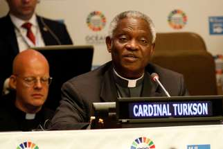 Ghanaian Cardinal Peter Turkson, prefect of the Vatican&#039;s Dicastery for Promoting Integral Human Development, speaks during a dialogue on minimizing and addressing ocean acidification June 6 at the U.N. Ocean Conference in New York City. The high-level conference, held June 5-9, coincided with World Oceans Day, observed June 8.