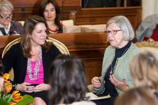 Kerry Alys Robinson and Sister Simone Campbell, a Sister of Social Service, speak during the Voices of Faith gathering March 8 at the Vatican. The event, held on International Women&#039;s Day, had the theme &quot;Stirring the Waters-Making the Impossible Possible.&quot;