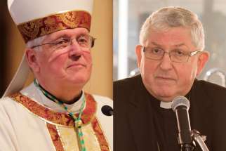 Bishop Douglas Crosby of Hamilton, left, and Cardinal Thomas Collins of Toronto both wrote open letters to Justin Trudeau condemning his $650 million commitment to abortion and other services in developing countries. 