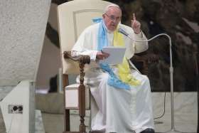 Pope Francis speaks during an Oct. 13 audience with a pilgrimage of Catholics and Lutherans from Germany in the Paul VI hall at the Vatican. The Pope said that Christians who reject refugees are &quot;hypocrites.&quot;