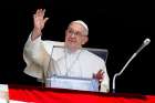 Pope Francis greets visitors gathered in St. Peter&#039;s Square to pray the Angelus at the Vatican July 28, 2024.