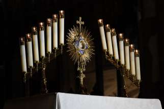 A monstrance containing the Blessed Sacrament is displayed on the altar during a Holy Hour at St. Patrick&#039;s Cathedral in New York City July 13, 2023.