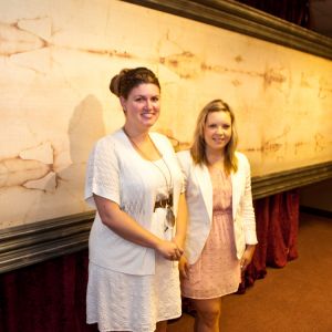 Crossroads Television Services’ Carolyn Innis and Judith Grieve with CTS’s reproduction of the Shroud of Turin.