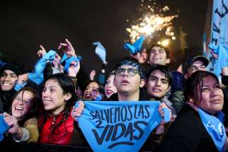 Pro-life advocates celebrate in Buenos Aires, Argentina, Aug. 9 after lawmakers voted against a bill that would have legalized abortion. The Senate voted against the bill, dashing the hopes of supporters of legal abortion in the predominantly Catholic country, homeland of Pope Francis.