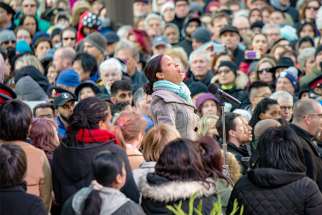 Conductor and soloist Melissa Davis led the Willowdale Community Choir in a setting of the Peace Prayer of St. Francis at Mel Lastman Square April 29.