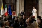 Pope Francis speaks alongside Italian President Sergio Mattarella during an official visit at Quirinal Palace in Rome June 10.