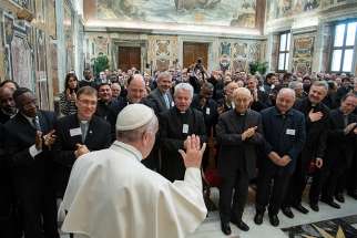  Pope Francis leads an audience with students and staff of the Accademia Alfonsiana at the Vatican Feb. 9, 2019. 