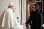 Pope Francis meets with Beatriz Gutiérrez Müller, wife of Mexican President Andrés Manuel López Obrador, during a private audience at the Vatican Oct. 10, 2020. The president&#039;s wife delivered a letter from the president asking Pope Francis to apologize for the church&#039;s role in the Spanish colonization of the Americas. 