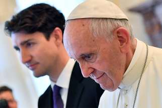  Pope Francis meets Canadian Prime Minister Justin Trudeau during a private audience in 2017 at the Vatican.