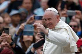 Pope Francis greets the crowd during his general audience in St. Peter&#039;s Square at the Vatican Oct. 30, 2019.