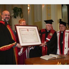 Fr. Ron Rolheiser, second from right, received an honorary doctorate from Saint Paul University April 13. He’s shown here with Saint Paul Rector Chantal Beauvais and Chancellor Archbishop Terrence Prendergast.